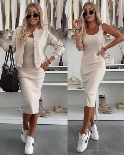 Karin™ | Robe midi en tricot côtelé & ensemble veste bomber