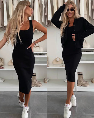 Karin™ | Robe midi en tricot côtelé & ensemble veste bomber