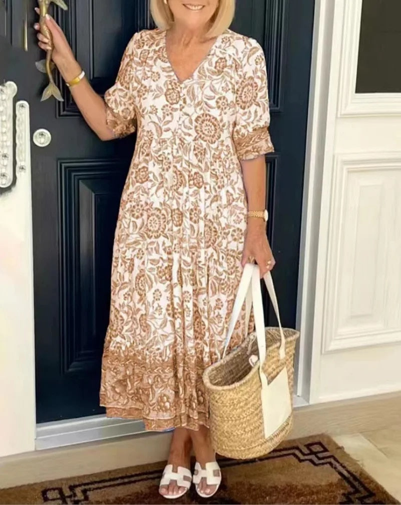 Palma - Robe Élégante à Fleurs avec Col en V