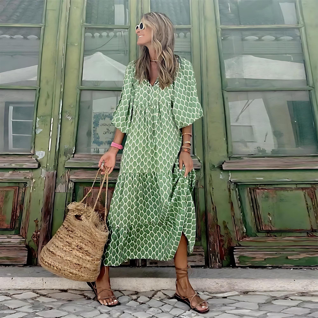 Roy – Robe fluide à imprimé géométrique asymétrique